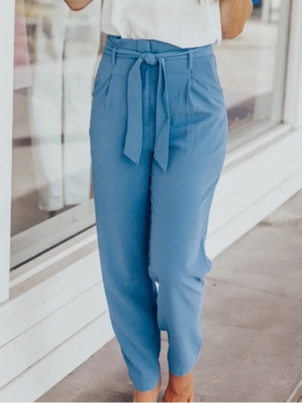 H&M Paperbag Waist Pants Size 2 Blue High Rise Tie Waist Tapered Trouser